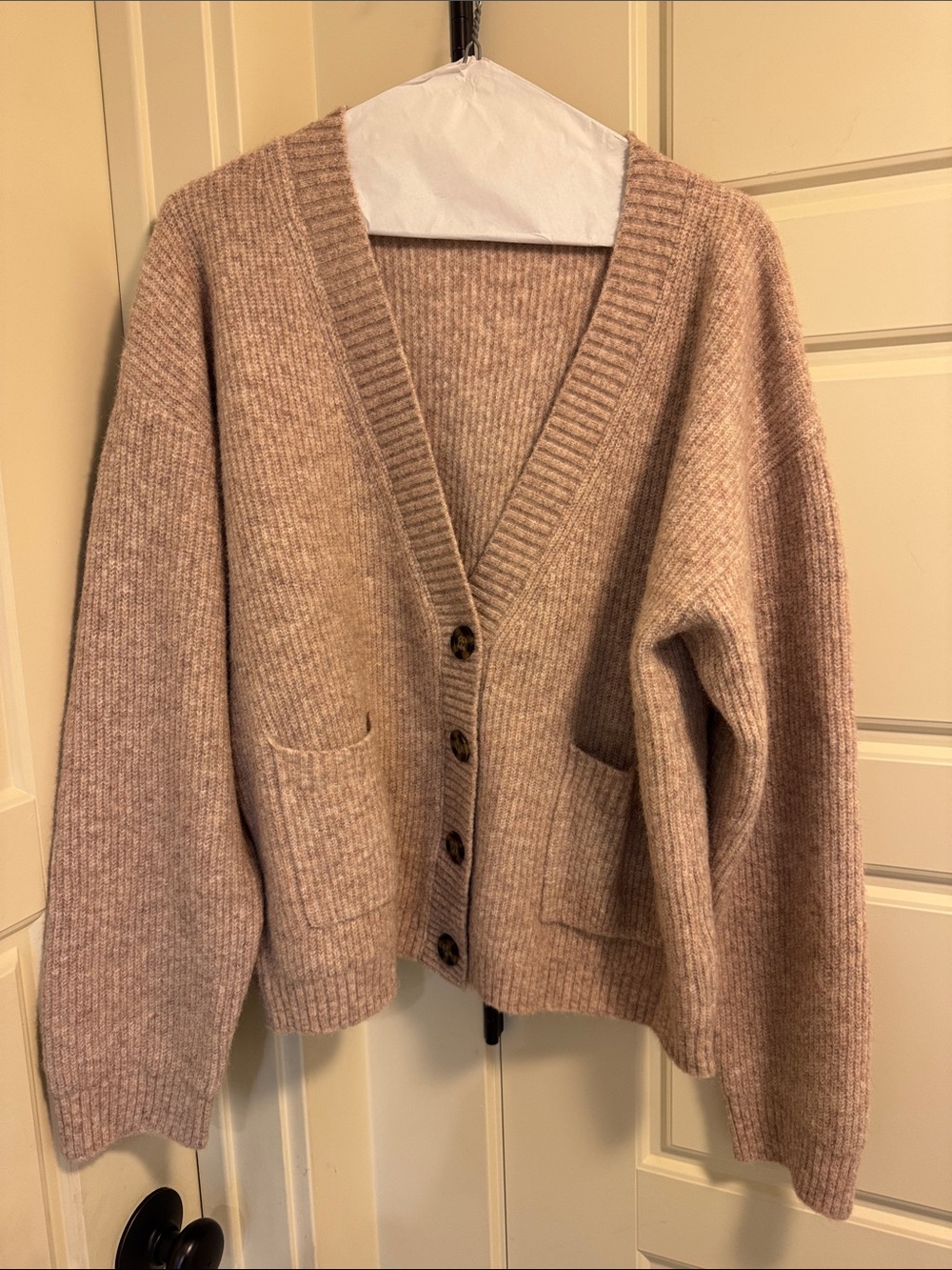 Women's Taupe Button-Front Ribbed V-Neck Cardigan